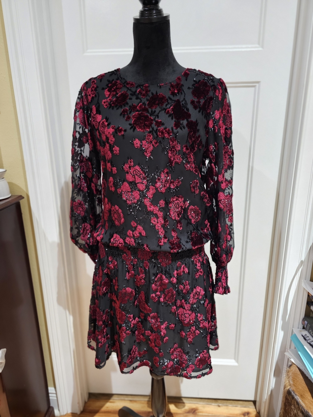 Parker Black Dress with Burgandy Velvet Floral & Shimmer, NWT